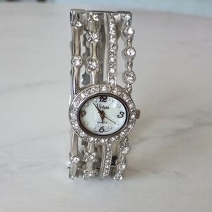 Silver Crystal Cuff Watch with Oval Face